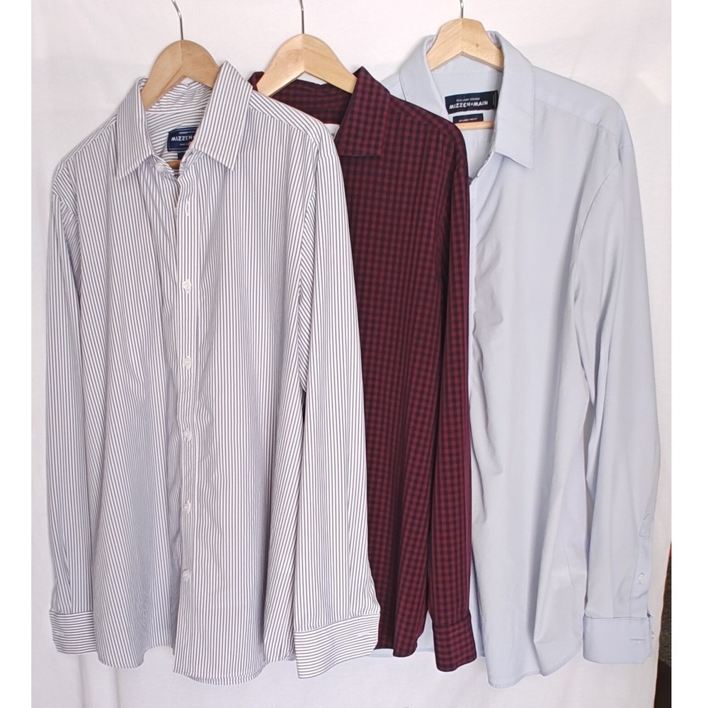 Mizzen + Main Button Front Shirts XXL Trim Fit Leeward Blue Plaid Stripe Lot 3
